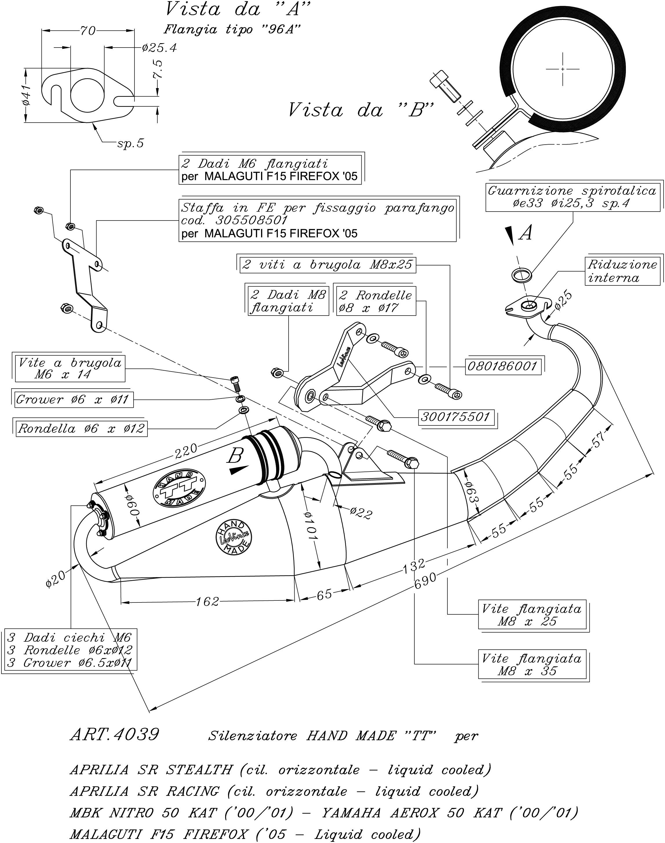 LeoVince Auspuffanlage Hand Made TT, Stahl, Full System für Yamaha Aerox 50 Kat (Bj.00-01)