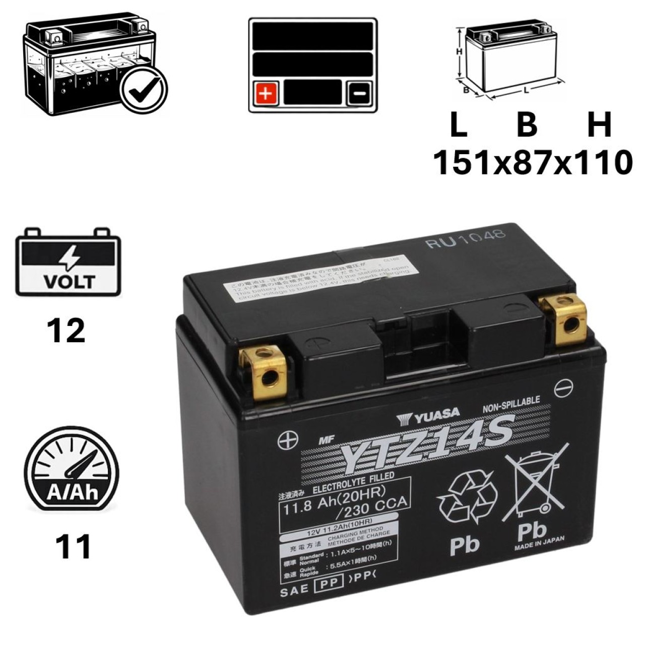 Yuasa Batterie 12 V, 11 A, Gel / SLA