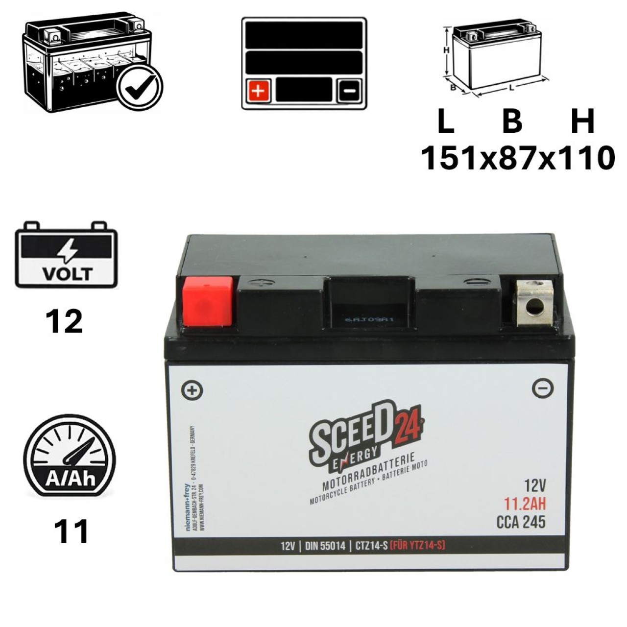 Sceed24 Batterie 12 V, 11 A, Gel / SLA