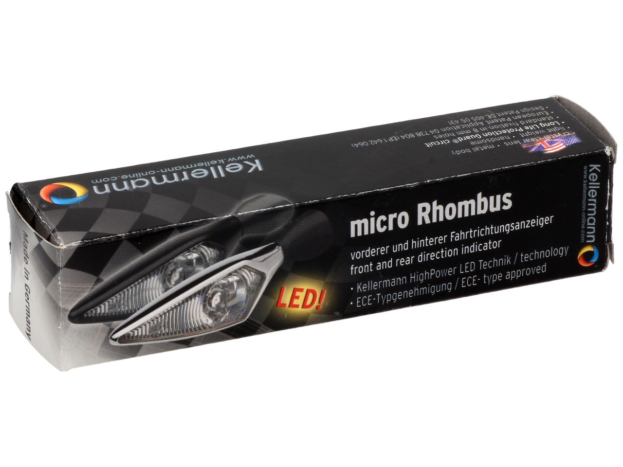 Kellermann Blinker, Rhombus, Stahl, LED, VL/HR, 12 V, schwarz seidenmatt, M8x20, E-geprüft