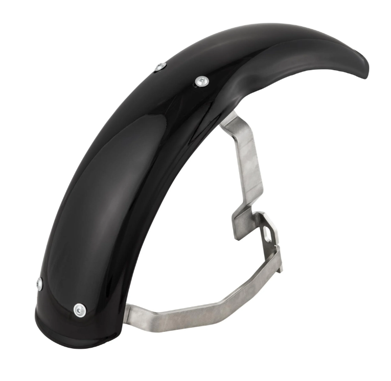 Kotflügel 2.0 Garelli EVO II für Vespa PX 80-200ccm, GFK schwarz, Halter Edelstahl gebürstet