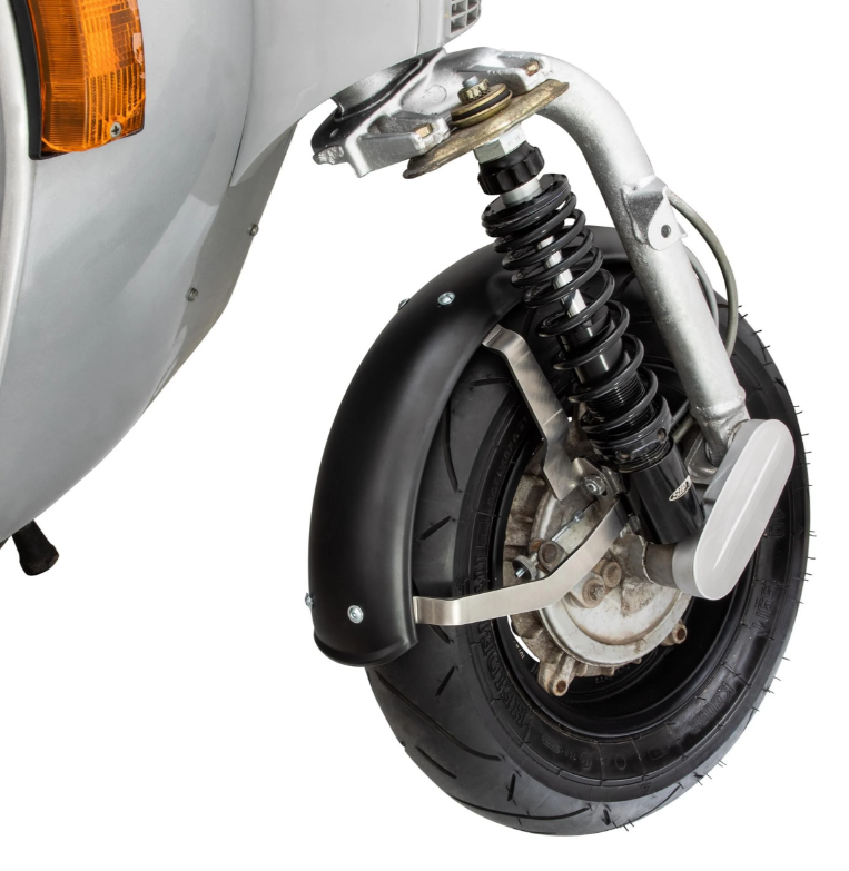 Kotflügel 2.0 Garelli für Vespa PX 80-200ccm, Metall schwarz matt, Halter Edelstahl gebürstet
