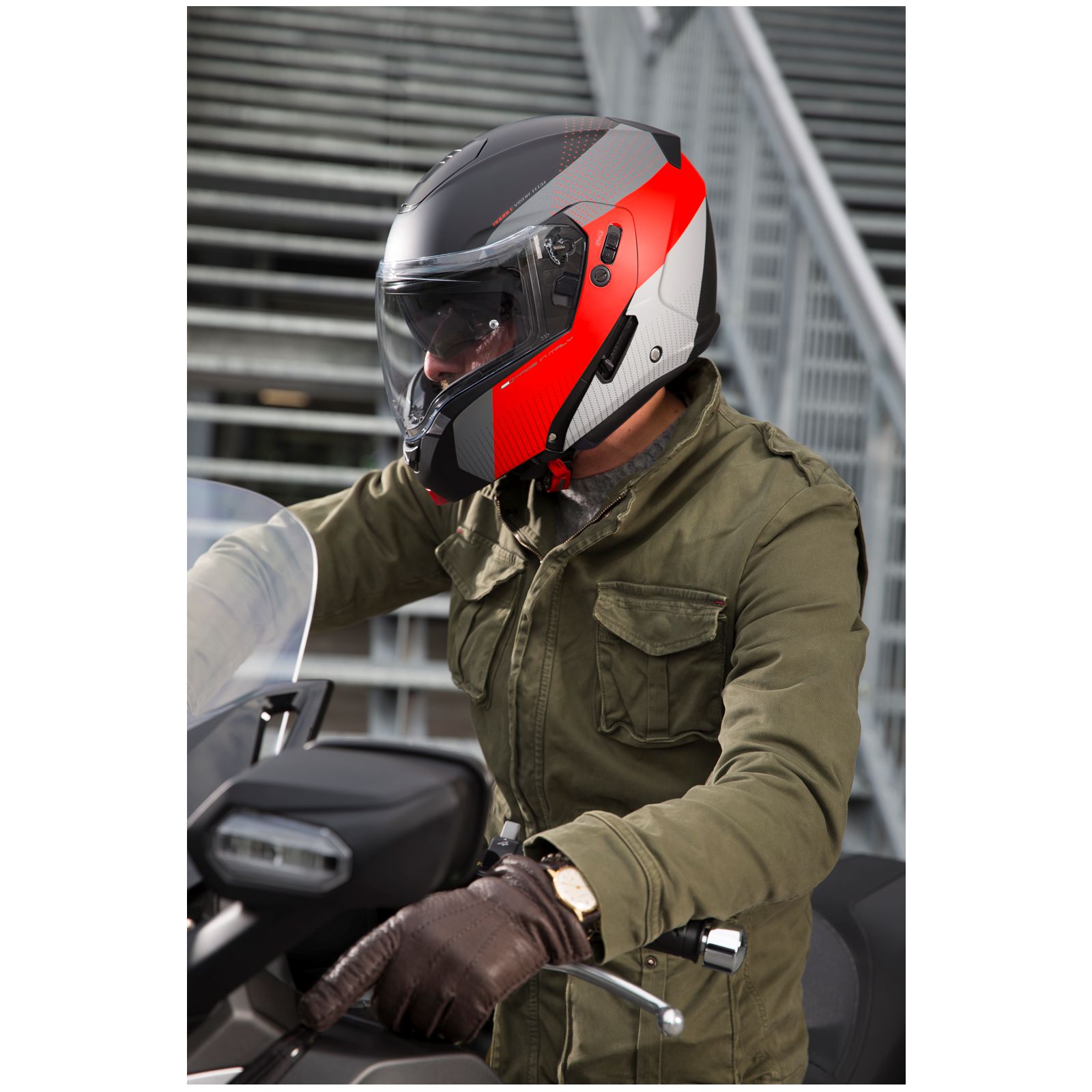 Caberg Helm Horus Scout, matt-schwarz/fluo-rot-grau