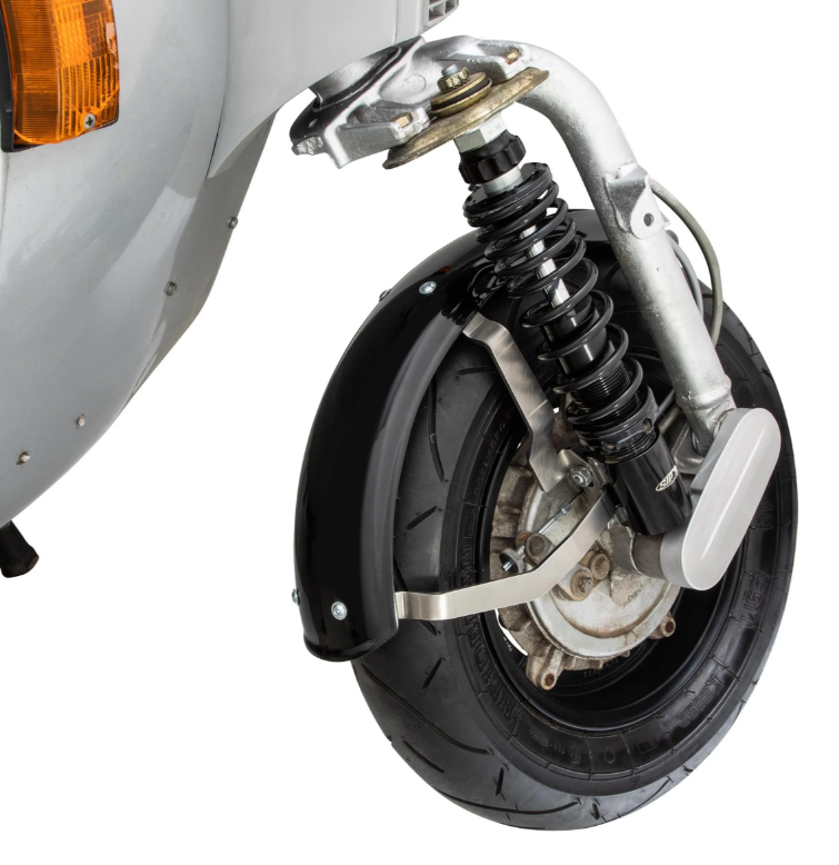 Kotflügel 2.0 Garelli EVO II für Vespa PX 80-200ccm, GFK schwarz, Halter Edelstahl gebürstet